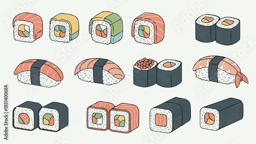 Assortment of delicious sushi rolls and nigiri pieces.