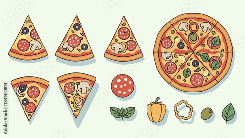 Vector illustration set of pizza slices and ingredients.