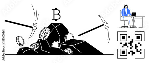Bitcoin mining. digital currency mining with coins, QR code, and person at desk. Bitcoin mining highlights cryptocurrency usage and blockchain technology. Ideal for fintech, blockchain, coding