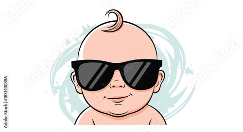 A cool cartoon baby with a confident smile wears a pair of large black sunglasses against a swirly, star-filled background.