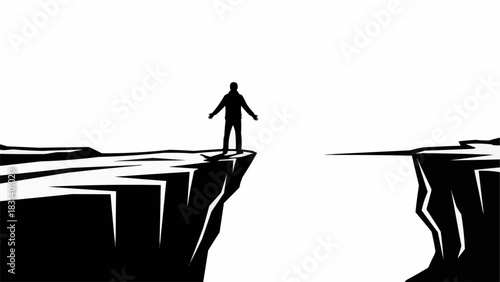Silhouette of a person standing on the edge of a cliff facing the void.