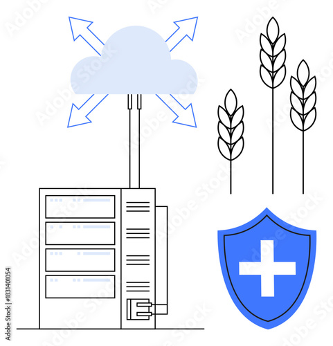Cloud with arrows linked to server, wheat stalks, and a medical shield. Ideal for farming, health technology, cloud computing, data storage, food safety, innovation flat metaphor