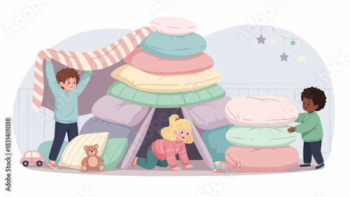 Children Building a Pillow Fort with Toys and Blankets.