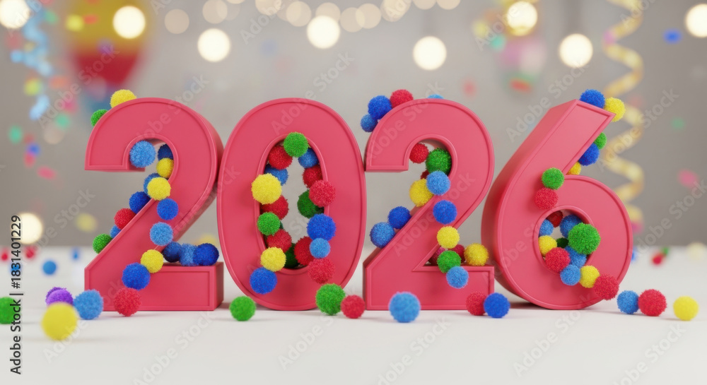 Naklejka premium Bright pink 2026 numbers filled with colorful confetti and balloons