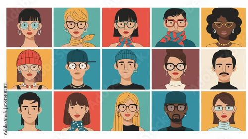 Colorful grid of diverse character portraits and avatars.
