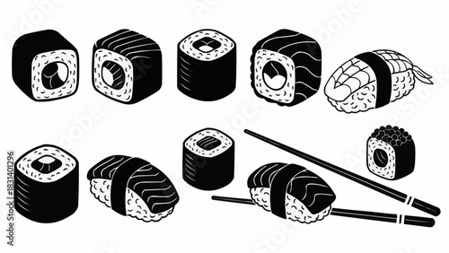 Collection of Delicious Sushi and Maki Rolls.