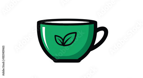 Green tea cup with leaf symbol illustration.