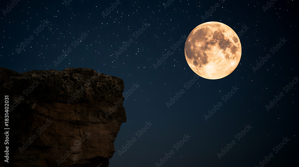 Fototapeta premium Experience the serene allure of the night: a radiant full moon illuminates the starlit sky above a rugged cliff. A perfect escape for nature enthusiasts.