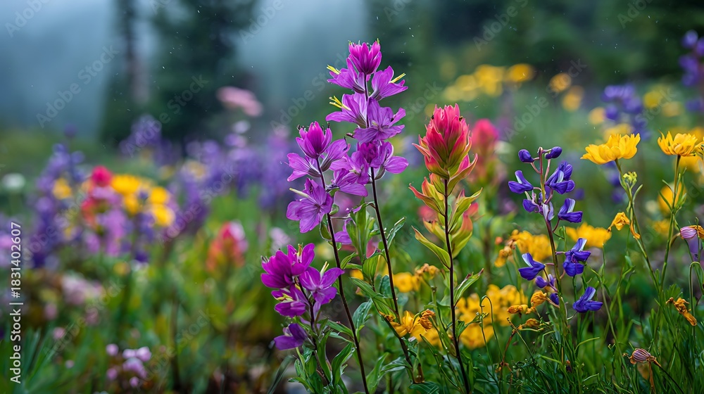 Fototapeta premium Vibrant wildflowers blooming in a lush mountain meadow on a misty day.