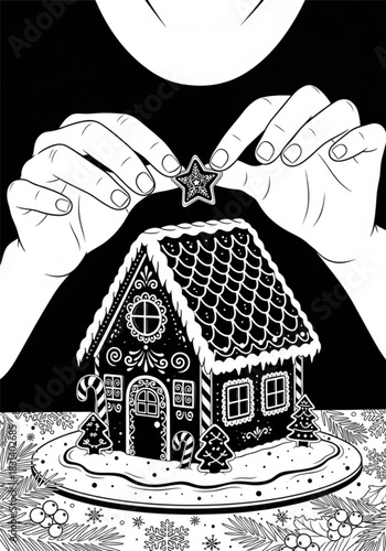 Hands carefully placing a star on top of a detailed gingerbread house.