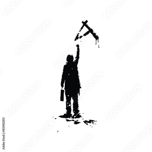 Black and white grunge illustration of a thorny heart pierced by a sword in retro vintage style