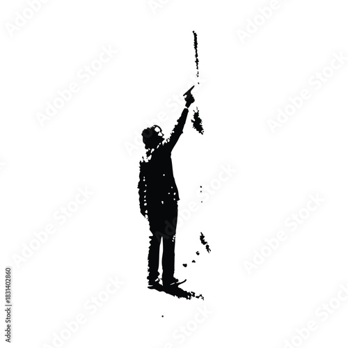 Black and white grunge illustration of a thorny heart pierced by a sword in retro vintage style