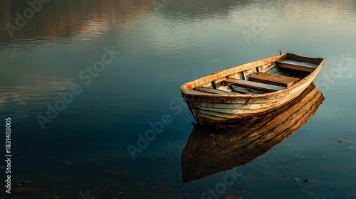 Weathered wooden rowboat floating peacefully on calm, reflective dark water.