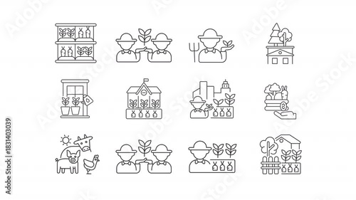 Animated urban farming line icons. Agricultural industry future animation set. Green practices in city. Food producing. Outline elements on white background. HD video with alpha channel