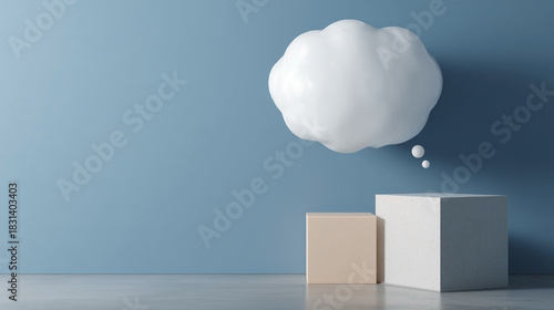A white cloud with a thought bubble on it is in front of two boxes
