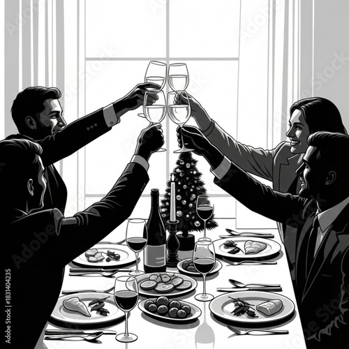 Four people in formal attire toasting with wine glasses at a festive dinner party.