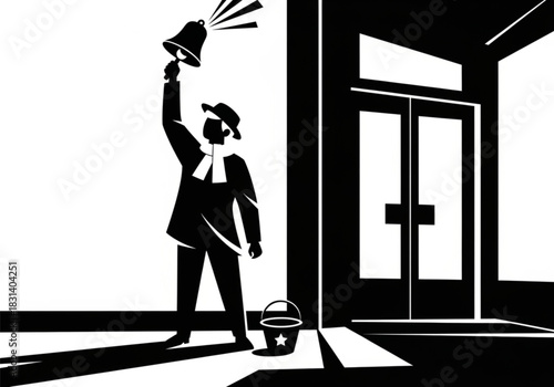 Black and white illustration of a town crier ringing a bell.