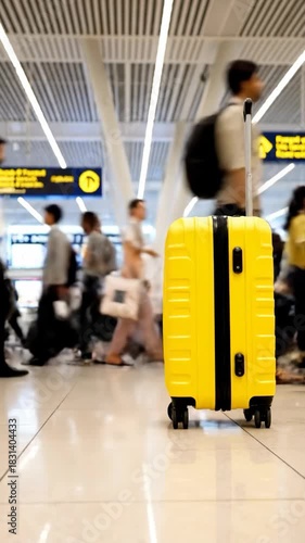 Yellow suitcase standing on airport floor with people walking in background, travel vacation and business trip luggage concept, vertical 9:16 social media background