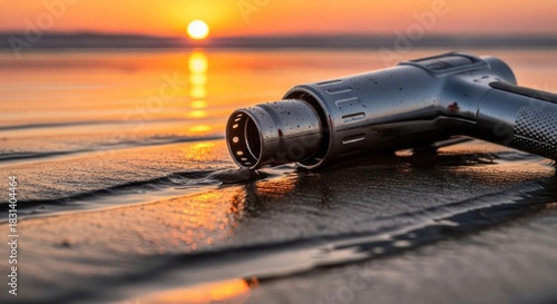 Surreal juxtaposition of industrial equipment on a tranquil beach at sunset showcasing a