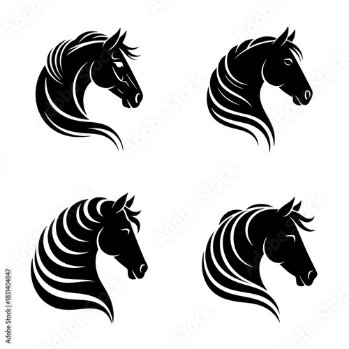 Stylized black Horse Head Logotype Silhouette set. Majestic Stallion Vector Mascot Emblem. Symbolizing speed, power, elegance and equestrian sports.