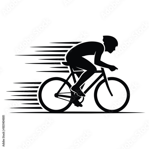 Silhouette Cyclist in Motion with Speed Effect, Isolated on White Background