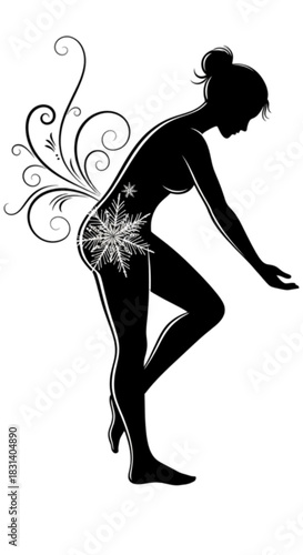 Elegant female silhouette with magical floral and snowflake patterns.