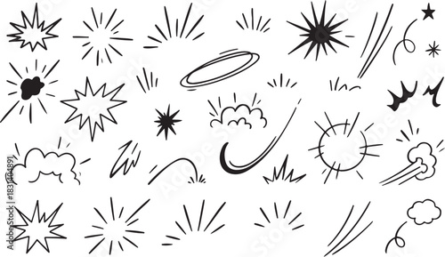 Comic cartoon boom speed effect, explosive motion line element set. Comic boom burst, explosive smoke, line speed cartoon vector icon black and white