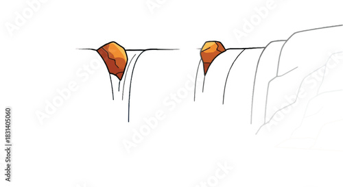 Two large rocks precariously balanced on the edge of a waterfall.
