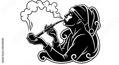Stylized black and white illustration of a jester smoking a long pipe.