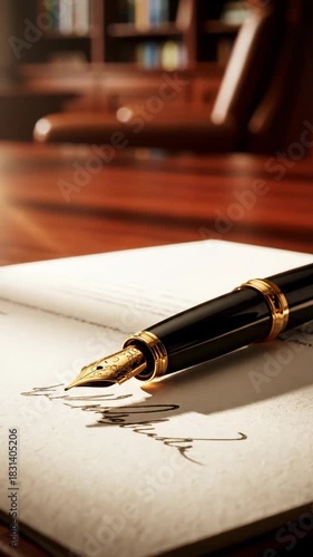 Fountain pen lying on open notebook on wooden desk, classic writing and planning education concept, vertical 9:16 social media background