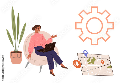 Woman sitting with laptop, gesturing while talking. Features plant, gear outline, and map with location pins. Ideal for collaboration, technology, navigation, customization storytelling design