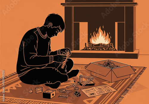 Silhouette of a person intently assembling a model kit on a rug.