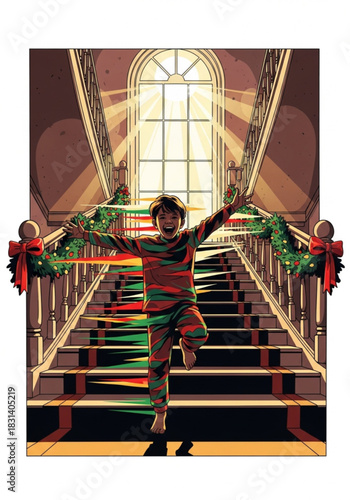 Illustration of a young boy in colorful striped pajamas with a digital glitch effect.