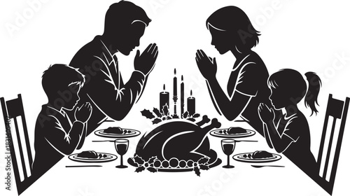 A silhouetted family gathers around a festive dinner table, bowing their heads in prayer before enjoying a traditional holiday meal together.