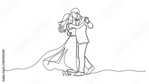 Elegant line art drawing of a romantic couple dancing closely together smoothly