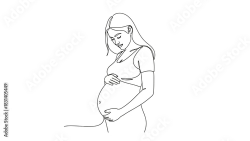 Elegant single line art of a pregnant woman holding her belly lovingly