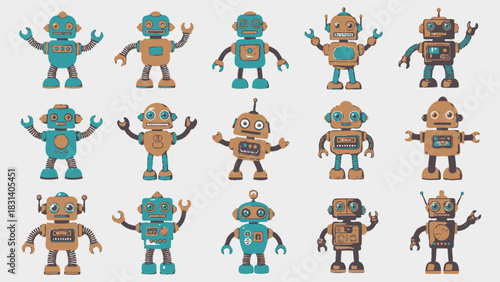 A collection of fifteen diverse cartoon robots in various poses and designs, featuring blue and orange color schemes on a plain background.