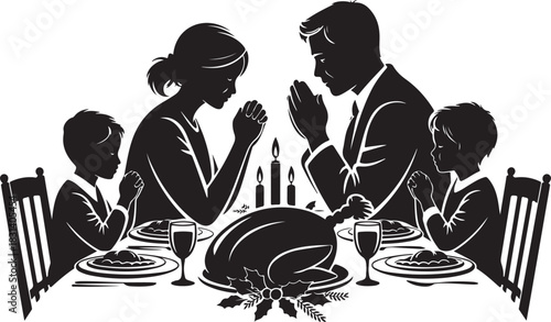 A silhouetted family gathers around a festive dinner table, bowing their heads in prayer before enjoying a traditional holiday meal together.