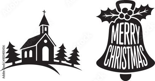 Black and white silhouette of a snowy church and pine trees with a merry christmas bell design on a white background