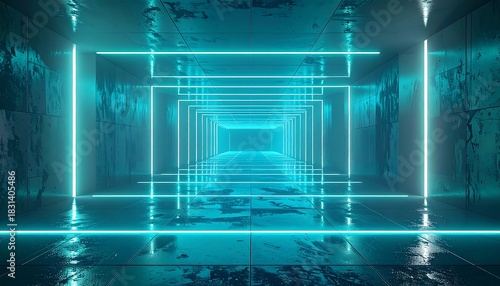 Futuristic corridor with turquoise neon lights, minimalist and sleek design
