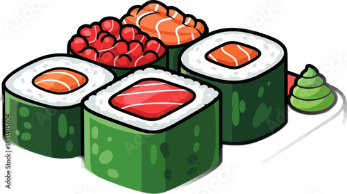 Delicious Assortment of Fresh Sushi Rolls and Salmon Roe.
