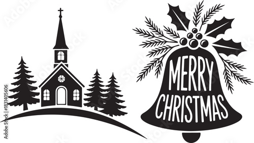 Black and white silhouette of a snowy church and pine trees with a merry christmas bell design on a white background
