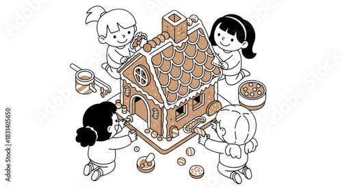 Group of diverse children happily decorating a gingerbread house together.