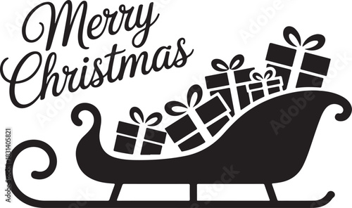 Black silhouette of a sleigh overflowing with christmas presents with merry christmas text above on a white background