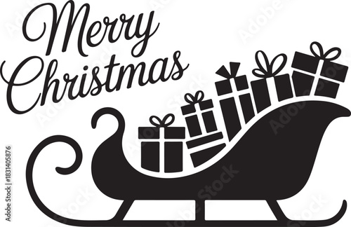 Black silhouette of a sleigh overflowing with christmas presents with merry christmas text above on a white background