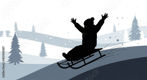 Silhouette of a joyful person sledding down a snowy hill with arms raised in excitement.