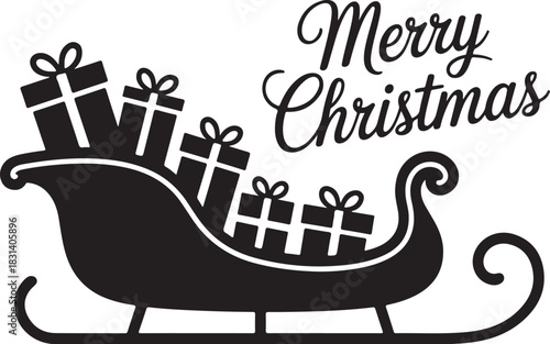 Black silhouette of a sleigh overflowing with christmas presents with merry christmas text above on a white background