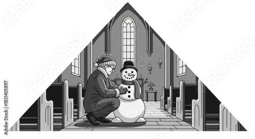 Elderly woman carefully dressing a classic snowman with a scarf.