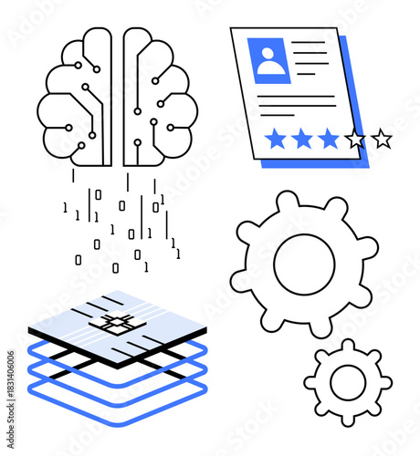 Brain with binary code, digital document with stars, stacked data layers, and gears signifying AI, machine learning, analytics, automation, technology, optimization innovation problem-solving