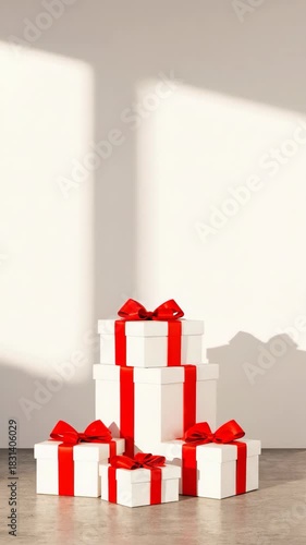 Stack of gift boxes with red ribbons, festive holiday present and celebration background, vertical 9:16 mobile wallpaper background